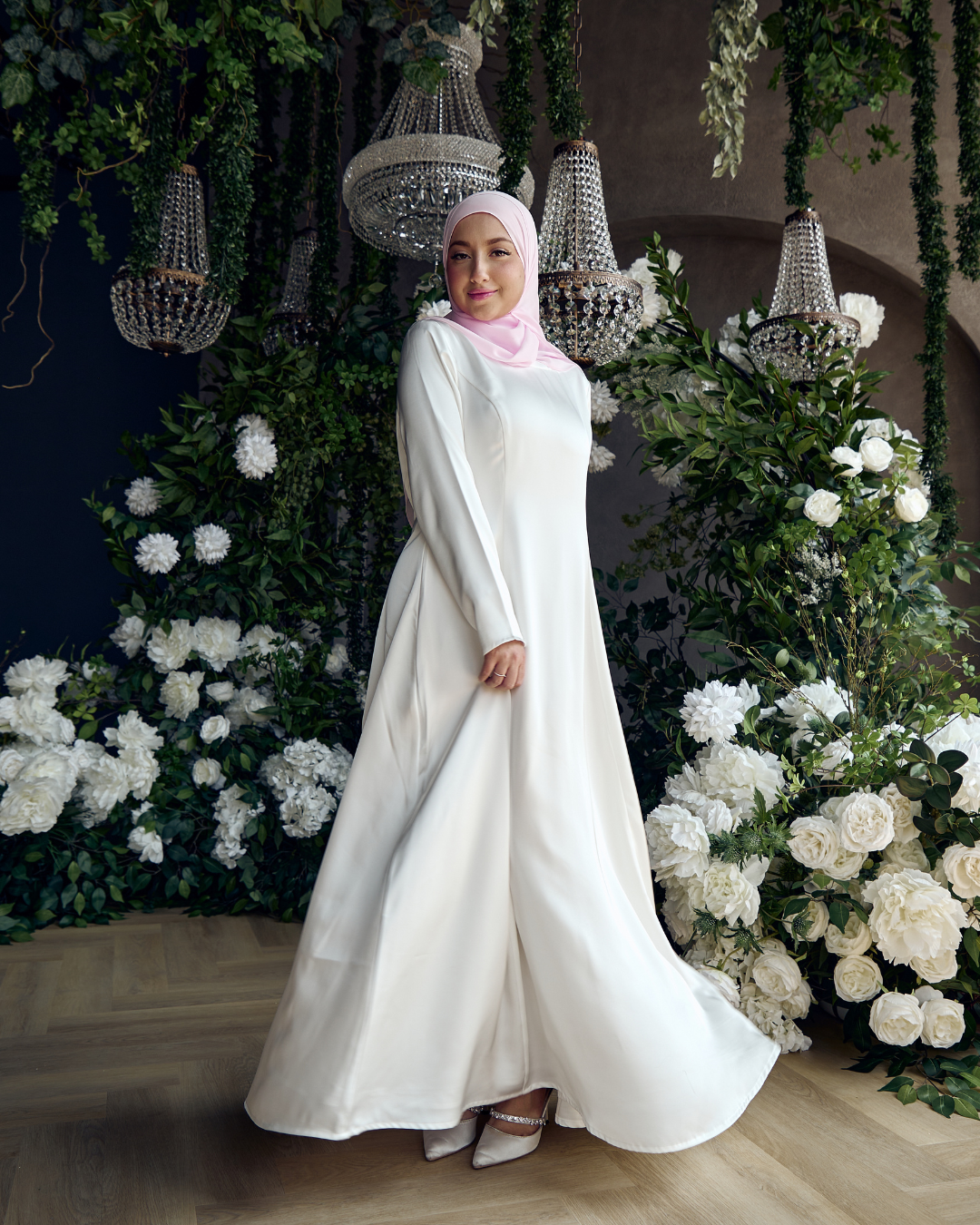 Maya Satin Maxi Dress White Honey Hijabs