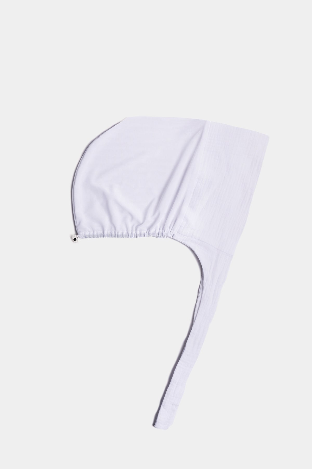 a white cotton mesh underscarf with ties shown flat against a light gray background.