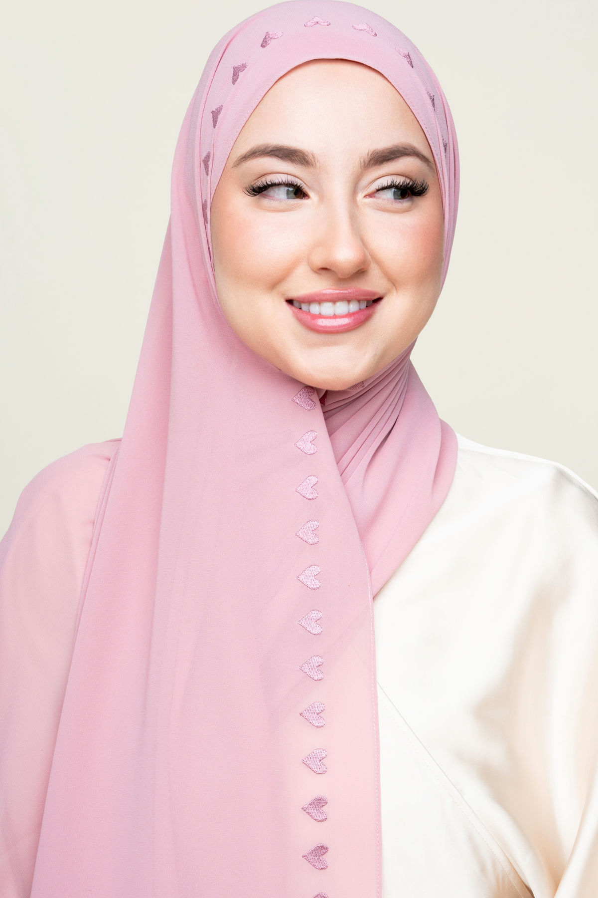 Embroidered Hijab - Pink Hearts